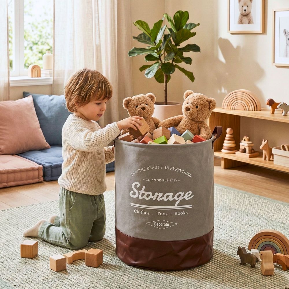 Round Foldable Laundry Basket with Leather Base – 60L