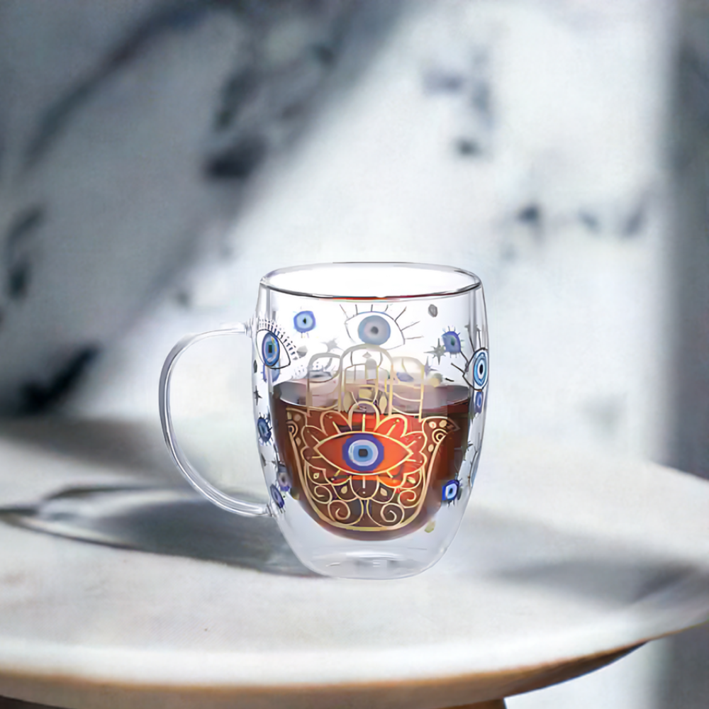 Evil Eye Double Wall Glass Coffee Mugs – 350ml, Set of 2 | Insulated Heat-Resistant Cups for Hot & Cold Beverages