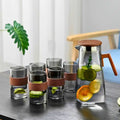 Smoky Grey Glass Water Jug Set 1400ML with Walnut Handle & 6 Glass Cups 220ML