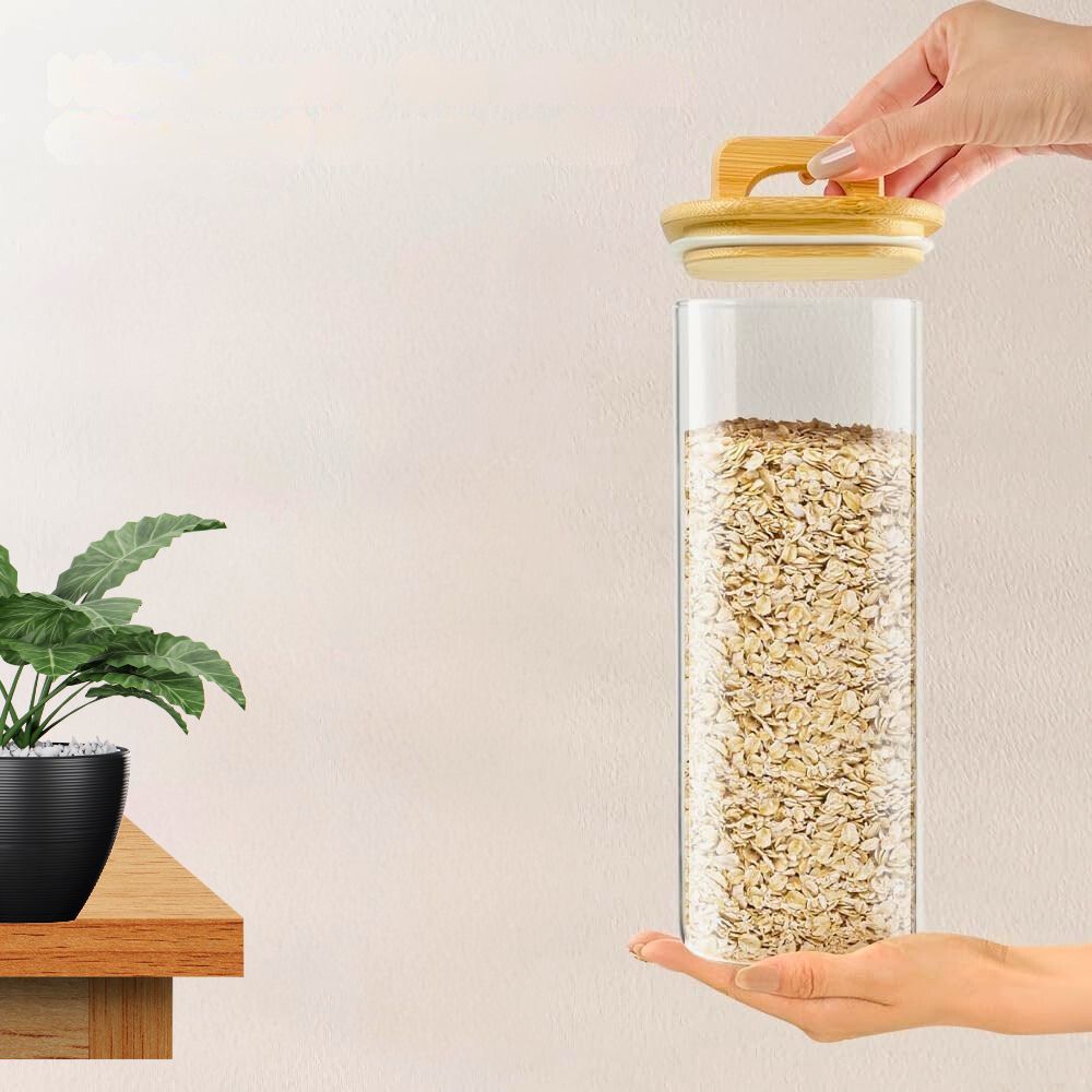 Square Glass Storage Jars with Acacia Wood Lids – Set of 2 (1500ml) Airtight Pantry Containers with Handle Lids for Pasta, Oats, Flour, Cookies, Coffee, Rice & More