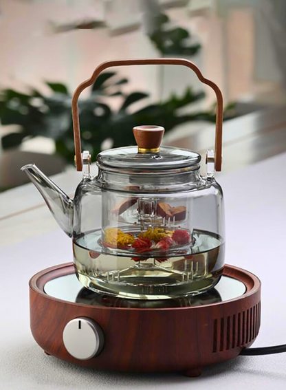 1Chase Borosilicate Glass Teapot – Smokey Grey 1000 ML, Heat-Resistant with Acica Wooden Handle & Strainer – Compatible with Electric Stoves