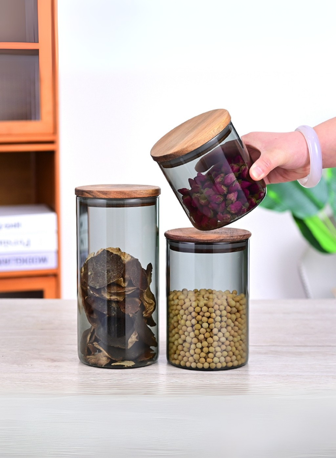 1Chase Borosilicate Glass Storage Jar Smoky Grey - (Set of 3) | Airtight Food Container with Acacia Wooden Lid | Durable & Stylish Kitchen Storage 600ML, 900ML, 1300ML