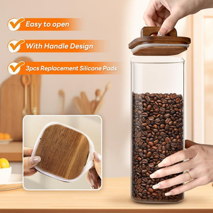 Square Glass Storage Jars with Acacia Wood Lids – Set of 2 (1800ml) Large Pantry Containers with Handle Lids for Pasta, Oats, Flour, Cookies, Coffee, Rice & More