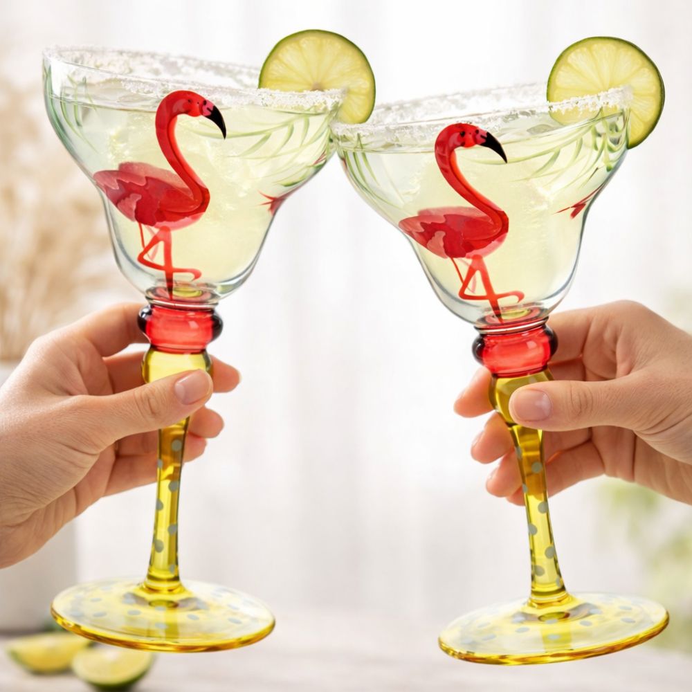 Hand Painted Margarita Glasses Moroccan Collection, Flamingo Design 270ML Set of 2, Artisan Decorative Cocktail Glassware, Unique Kitchen Table Décor Glasses