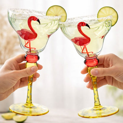 Hand Painted Margarita Glasses Moroccan Collection, Flamingo Design 270ML Set of 2, Artisan Decorative Cocktail Glassware, Unique Kitchen Table Décor Glasses