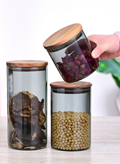 1Chase Borosilicate Glass Storage Jar Smoky Grey 1300 ML - (Set of 2) | Airtight Food Container with Acacia Wooden Lid | Durable & Stylish Kitchen Storage