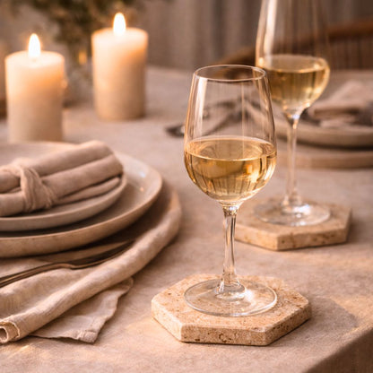 Travertine Coasters Set of 4, Natural Marble Hexagon Drink Coasters, Absorbent Stone for Coffee Table, Dining Table & Home Décor