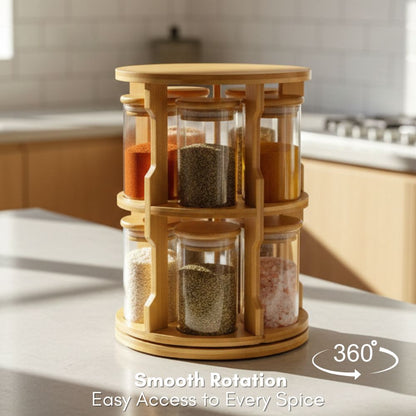 Rotating Bamboo Tabletop Spice Rack with 10 Glass Jars, 360° Swivel Organizer with Wooden Lids for Kitchen Counter, Herbs, Spices & Seasonings
