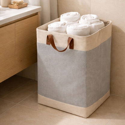 Foldable Velvet Laundry Basket 60L (55x35x30cm) with Leather Handles – Natural Jute Style Storage Bin for Clothes, Blankets & Home Organization