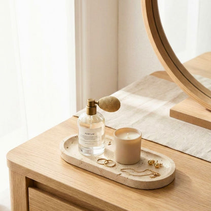 Natural Travertine Oval Marble Tray – Beige Stone Vanity Tray for Jewellery, Perfume & Makeup, Decorative Organizer for Coffee Table, Bathroom Counter & Home Decor
