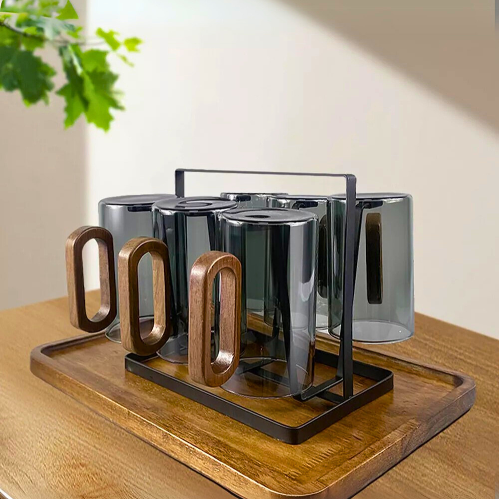 Smoky Grey Borosilicate Glass Mugs with Walnut Acacia Wooden Handle – 350ML (Set of 2)