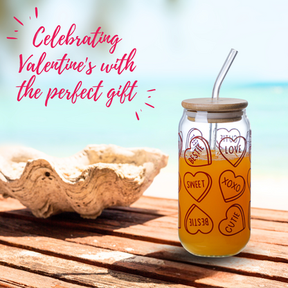 Valentine's Day Themed Drinking Glasses with Bamboo Lids – 550ml Set of 2 | Perfect Gift for Couples | Valentine's Gift Glass