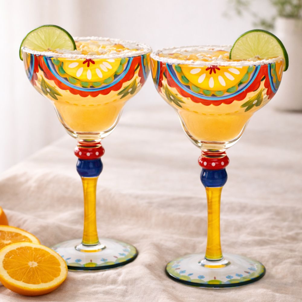 Hand Painted Margarita Glasses Moroccan Collection, Orange Blossom Design 270ML Set of 2, Artisan Decorative Cocktail Glassware, Unique Kitchen Table Décor Glasses