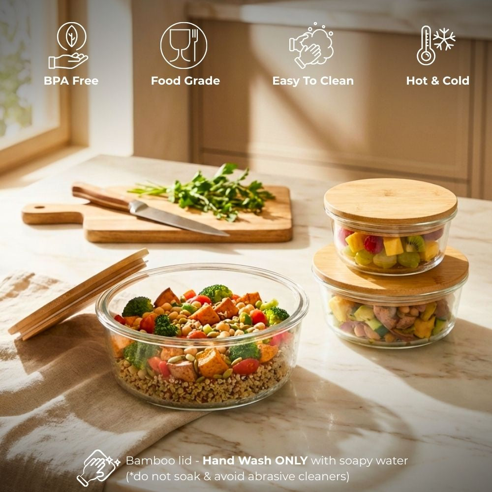 Borosilicate Round Glass Food Storage Containers with Bamboo Lids, 3 Sizes 400ML 650ML 1000ML, Airtight BPA-Free Meal Prep & Lunch Boxes, Reusable Plastic-Free Containers