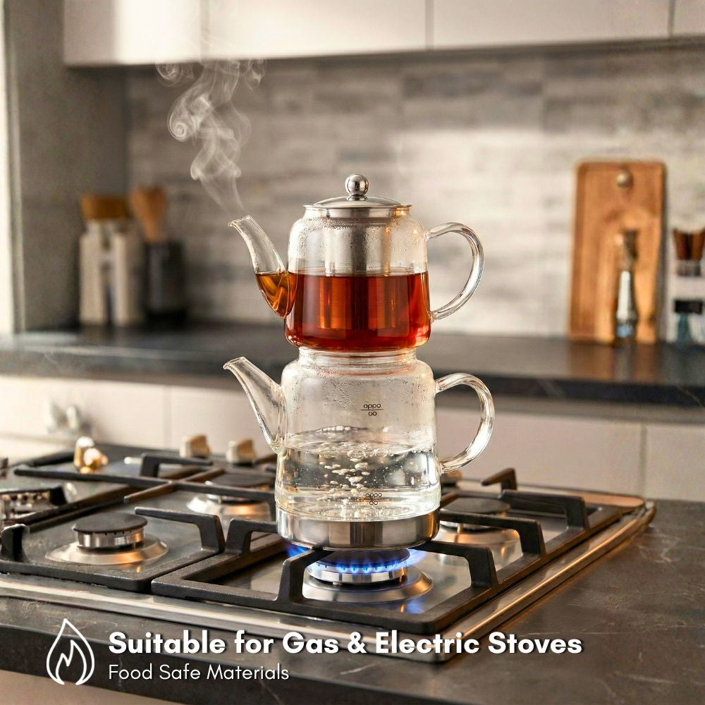 Borosilicate Glass Turkish Tea Maker Set (Çaydanlık), 450ML Teapot & 1500ML Kettle, Heat-Resistant Tea Set for Gas & Electric Stove, Traditional Caydanlik