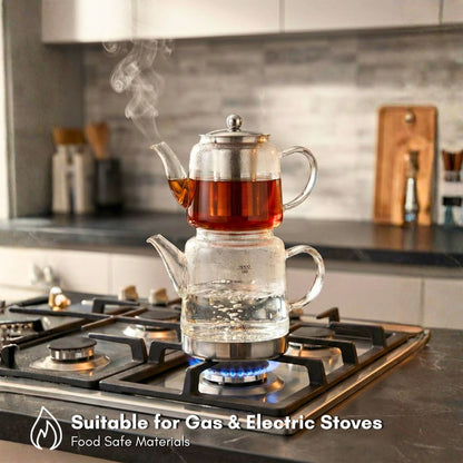 Borosilicate Glass Turkish Tea Maker Set (Çaydanlık), 450ML Teapot & 1500ML Kettle, Heat-Resistant Tea Set for Gas & Electric Stove, Traditional Caydanlik