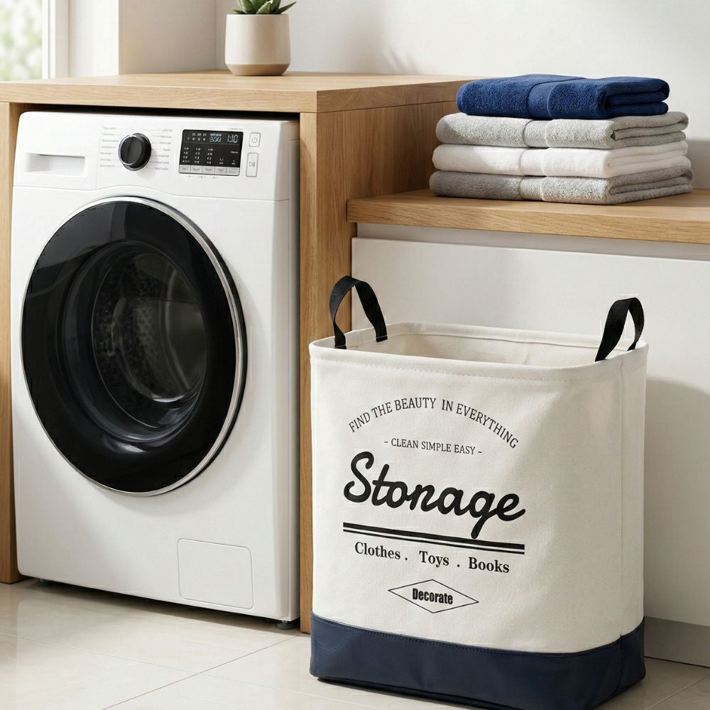 Foldable Square Laundry Basket 40L – Fabric Storage Hamper with Leather Base & Handles, Collapsible Clothes Organizer for Laundry, Toys & Home Storage