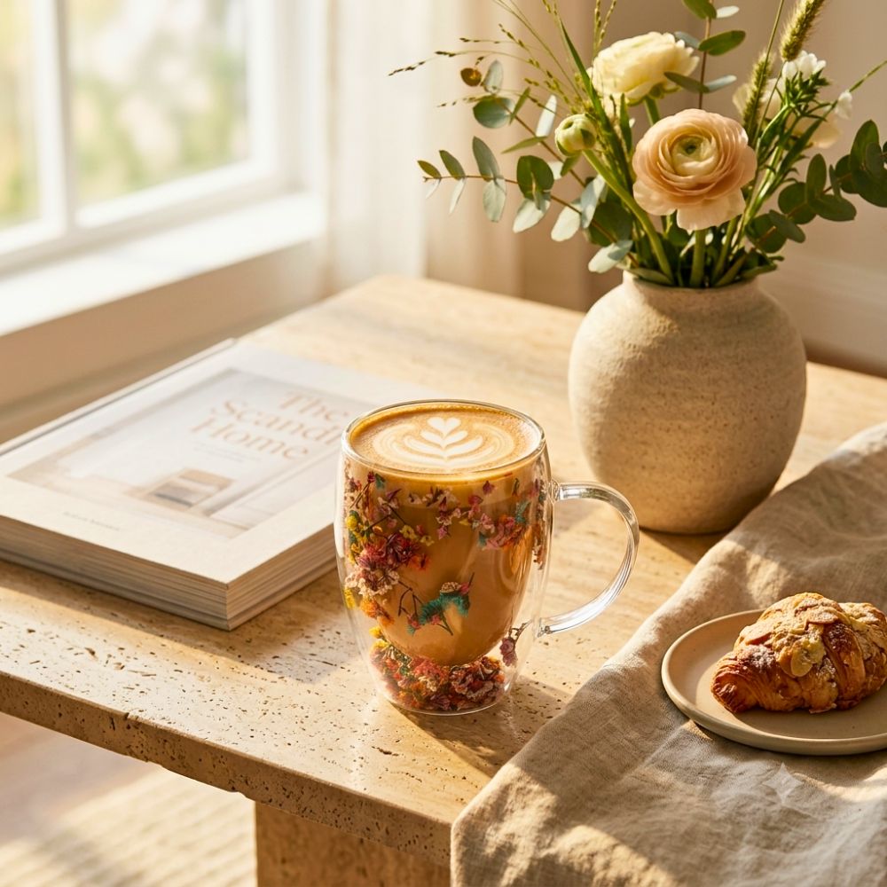 Double Wall Dry Flower Glass Coffee Cups with Handle 350ML – Set of 2
