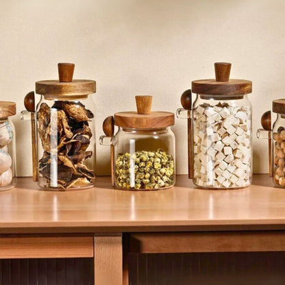 Glass Storage Jar with Acacia Wooden Lid & Spoon – Airtight Food Container for Coffee, Tea, Sugar, Spices & Dry Foods – 400ml / 600ml / 800ml Kitchen Canister