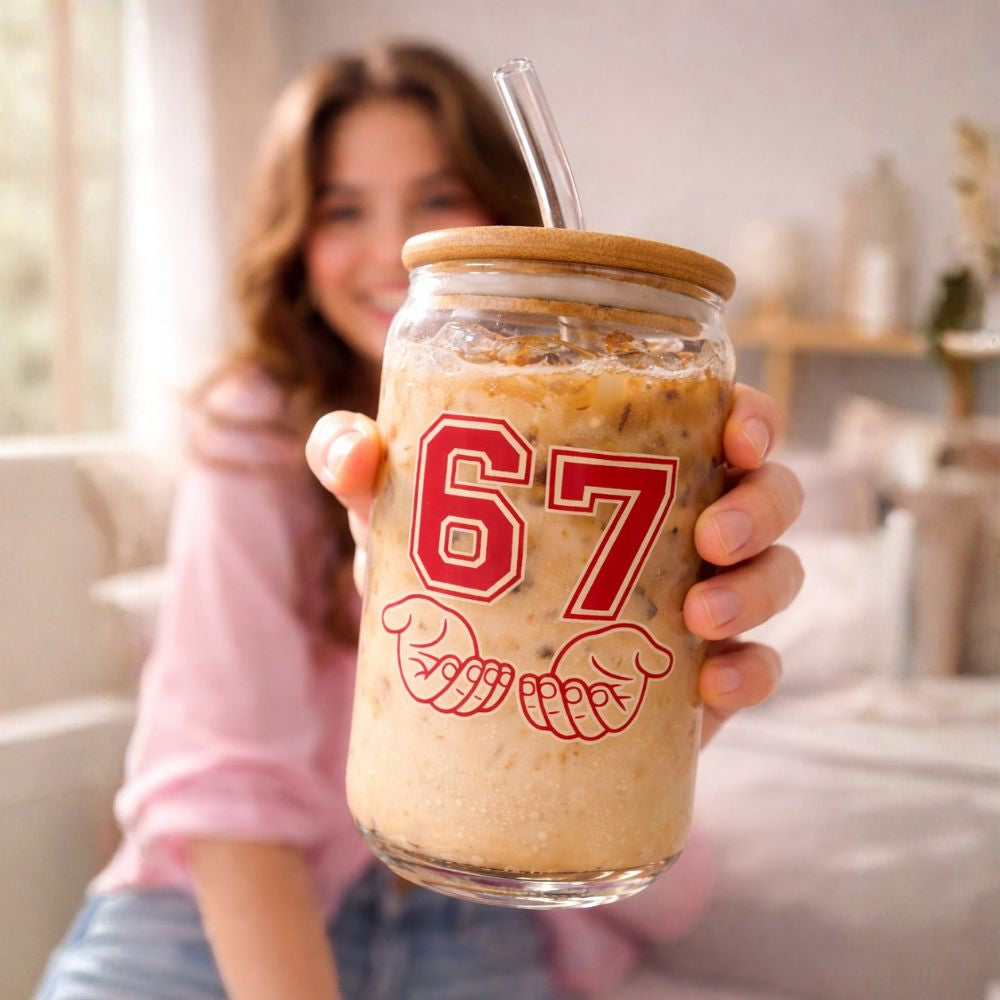 67 Sports Sipper Glass Set of 2 (550ML) – Borosilicate Can Shaped Glasses with Bamboo Lids & Reusable Glass Straws for Iced Coffee, Smoothies, Juice