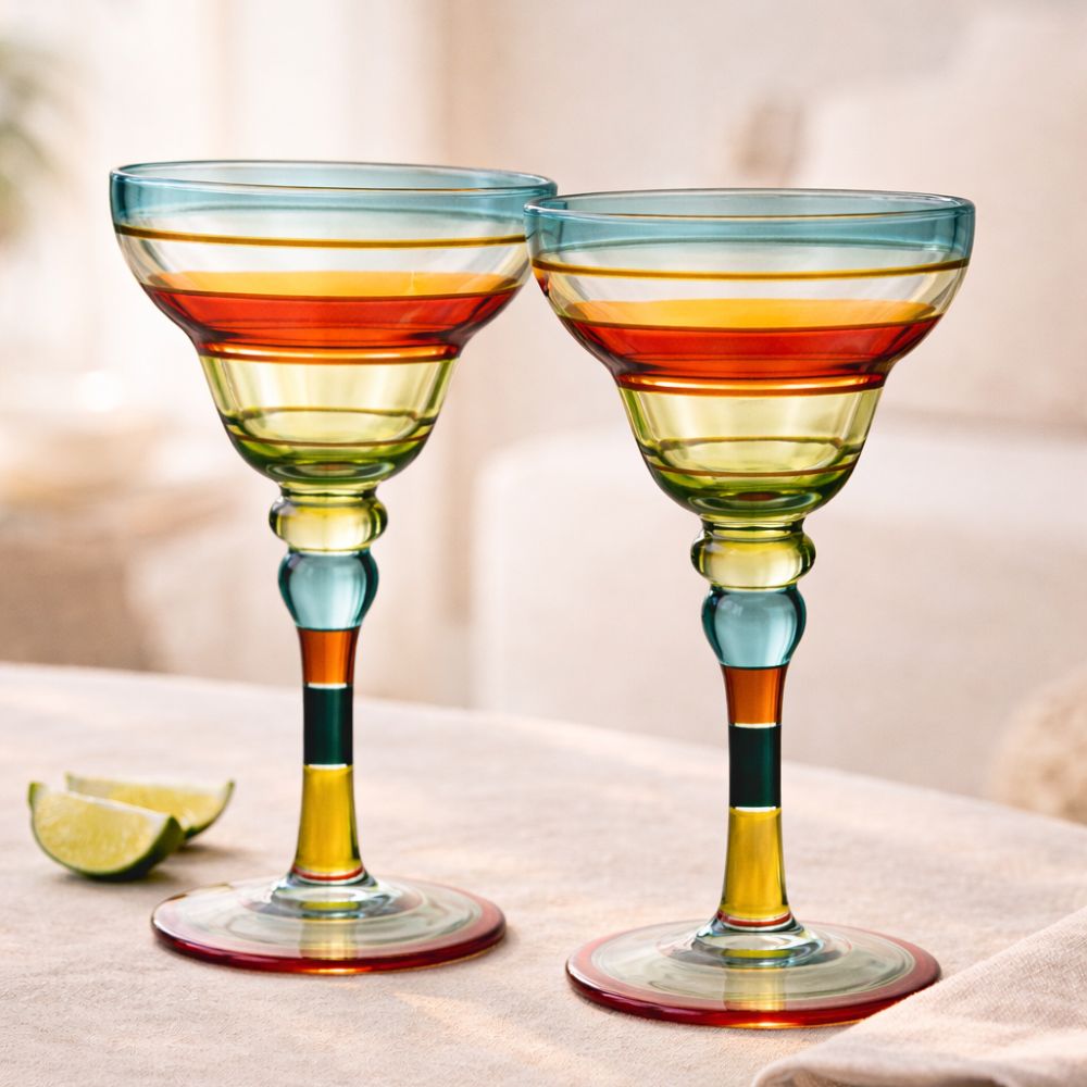 Hand Painted Margarita Glasses Moroccan Collection, 270ML Set of 2, Artisan Decorative Glassware with Blue Lines, Unique Cocktail & Margarita Glasses for Kitchen Table Décor