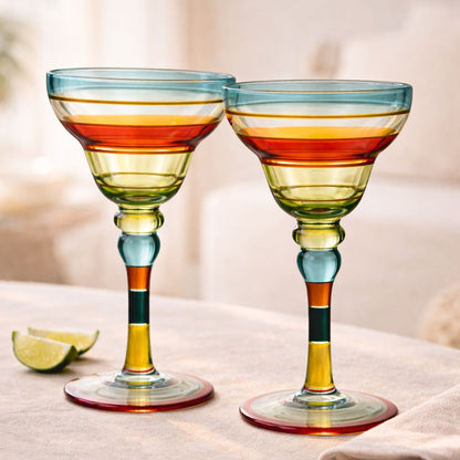 Hand Painted Margarita Glasses Moroccan Collection, 270ML Set of 2, Artisan Decorative Glassware with Blue Lines, Unique Cocktail & Margarita Glasses for Kitchen Table Décor