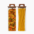 Square Glass Storage Jars with Acacia Wood Lids – Set of 2 (1800ml) Large Pantry Containers with Handle Lids for Pasta, Oats, Flour, Cookies, Coffee, Rice & More