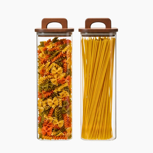 Square Glass Storage Jars with Acacia Wood Lids – Set of 2 (1800ml) Large Pantry Containers with Handle Lids for Pasta, Oats, Flour, Cookies, Coffee, Rice & More