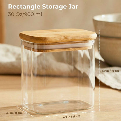 Rectangle Glass Storage Containers with Bamboo Lids – Set of 4, 900ml Borosilicate Glass Jars for Pantry Storage, Airtight Food Containers for Sugar, Coffee, Pasta, Tea, Candy & Nuts