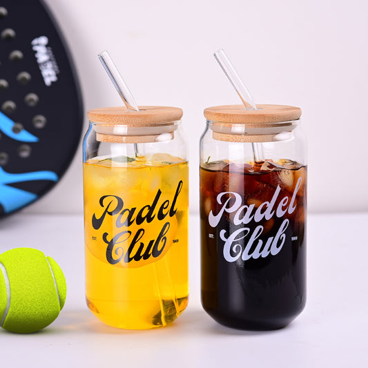 1CHASE Padel Club Sipper Glasses With Bamboo Lid & Glass Straw, 550ML (Set of 2) | Mason Jar Can-Shaped Tumblers | Printed Padel Club Sipper for Juice, Coffee, Iced Tea & Smoothies