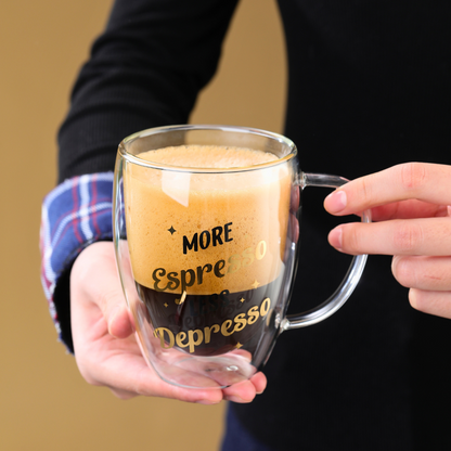 Double Wall Glass Mugs with Handle – "But First Coffee" & "More Espresso Less Depresso" Print – 350ml Heat-Resistant Insulated Cups – Set of 2 for Coffee, Tea, Hot & Cold Beverages