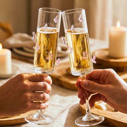 Champagne Flute Glasses with Butterfly Design, 180ML Elegant Stemware Set of 2, Clear Glass Sparkling Wine & Prosecco Glasses for Celebrations