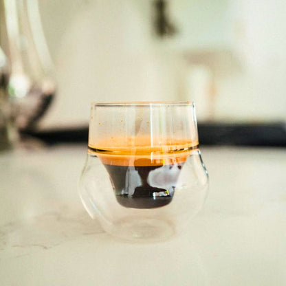 1CHASE Double Wall Insulated Coffee Glass Cup Set, 100ml, Borosilicate Heat Resistant, Modern Curved Design for Hot and Cold Beverages, 2 Piece