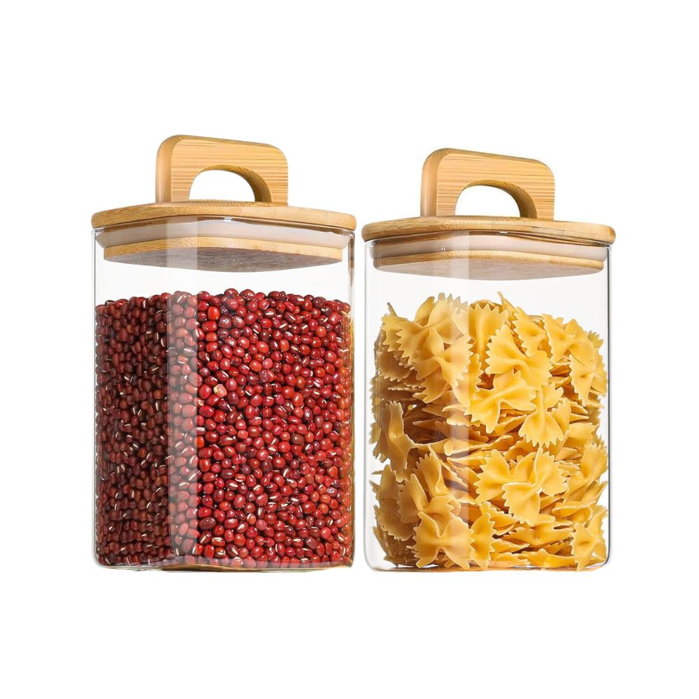 Square Glass Storage Jars with Acacia Wood Lids – Set of 2 (1100ml) Airtight Food Storage Containers with Handles for Pantry, Pasta, Oats, Flour, Cookies, Coffee, Rice & More
