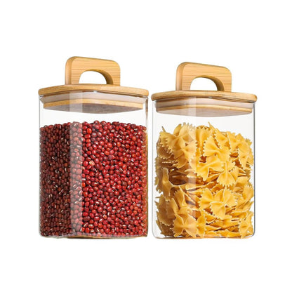 Square Glass Storage Jars with Acacia Wood Lids – Set of 2 (1100ml) Airtight Food Storage Containers with Handles for Pantry, Pasta, Oats, Flour, Cookies, Coffee, Rice & More
