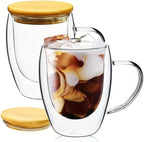 Double Wall Glass Coffee Cups with Handle & Bamboo Lid 350ML – Set of 2