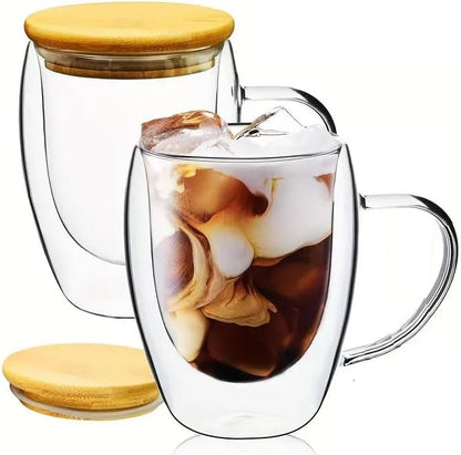 1CHASE Double Walled Glass Coffee Cups with Handle and with Bamboo Lid, Insulated Coffee Mugs Perfect for Cappuccino, Macchiato, Latte, Tea, Juice, Iced & Hot Pack Of 2 (350ML)