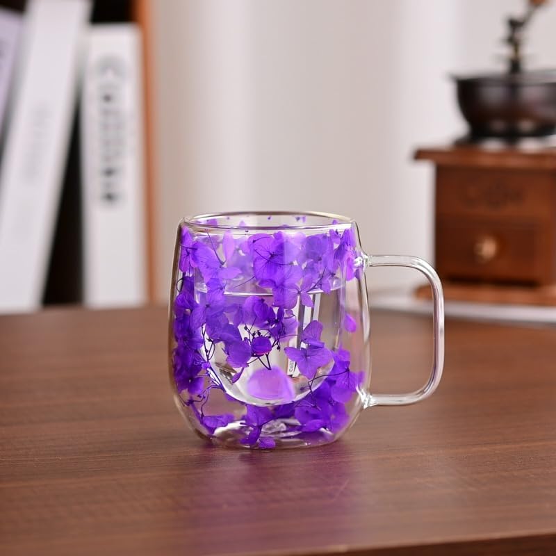 1CHASE Borosilicate Double Wall dried Flower design Coffee Cup 250 ML (2 PCS Set), Decorated with an Immortal Flower, (Purple & Blue)