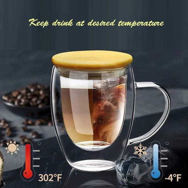 1CHASE Double Walled Glass Coffee Cups with Handle and with Bamboo Lid, Insulated Coffee Mugs Perfect for Cappuccino, Macchiato, Latte, Tea, Juice, Iced & Hot Pack Of 2 (350ML)