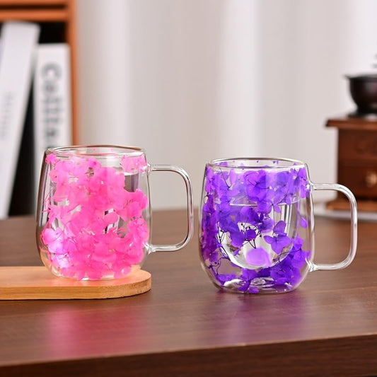 1CHASE Borosilicate Double Wall Coffee Cup Set – 250ML (2 Pcs) – Delicate Dried Flower Design with Immortal Flowers (Pink & Purple) – Elegant Gift for Valentine’s, Anniversaries & Special Moments