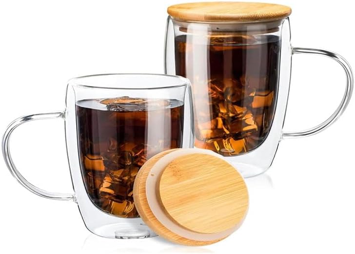 1CHASE Double Walled Glass Coffee Cups with Handle and with Bamboo Lid, Insulated Coffee Mugs Perfect for Cappuccino, Macchiato, Latte, Tea, Juice, Iced & Hot Pack Of 2 (350ML)