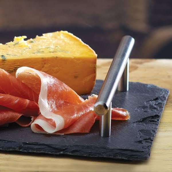 Natural Stone Slate Serving Tray With Silver Metal Handle, Serving Platter,Cheese Board,Charcuterie Boards for Cheese, Meats, Appetizers, Dried Fruits- Display Chalkboard (35X15 CM)