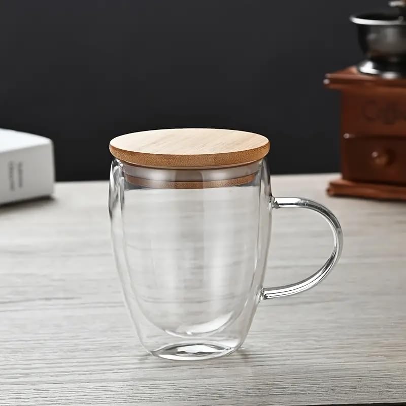 Double Wall Glass Coffee Cups with Handle & Bamboo Lid 350ML – Set of 2