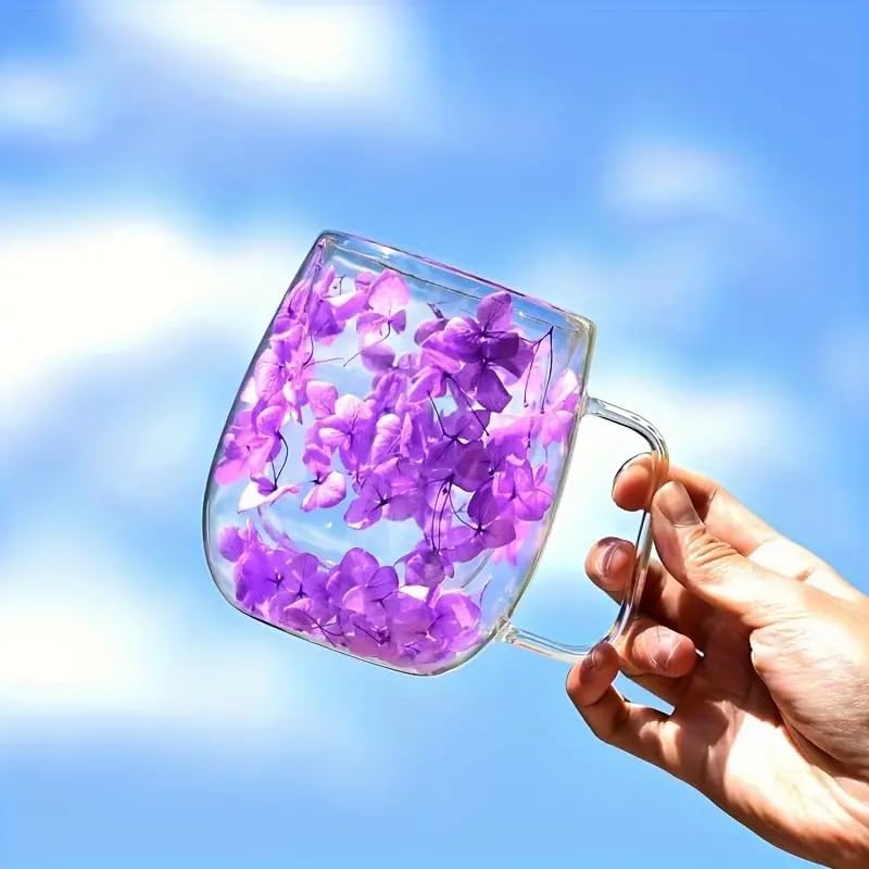 Borosilicate Double Wall Coffee Cup Set – 250ml, 2 Pcs, Dried Flower Design (Pink & Purple)