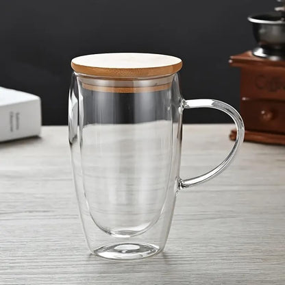 1CHASE Double Walled Glass Coffee Cups with Handle and with Bamboo Lid 450ml, Insulated Coffee Mugs Perfect for Cappuccino, Macchiato, Latte, Tea, Juice, Iced & Hot Pack Of 2 (450ML)