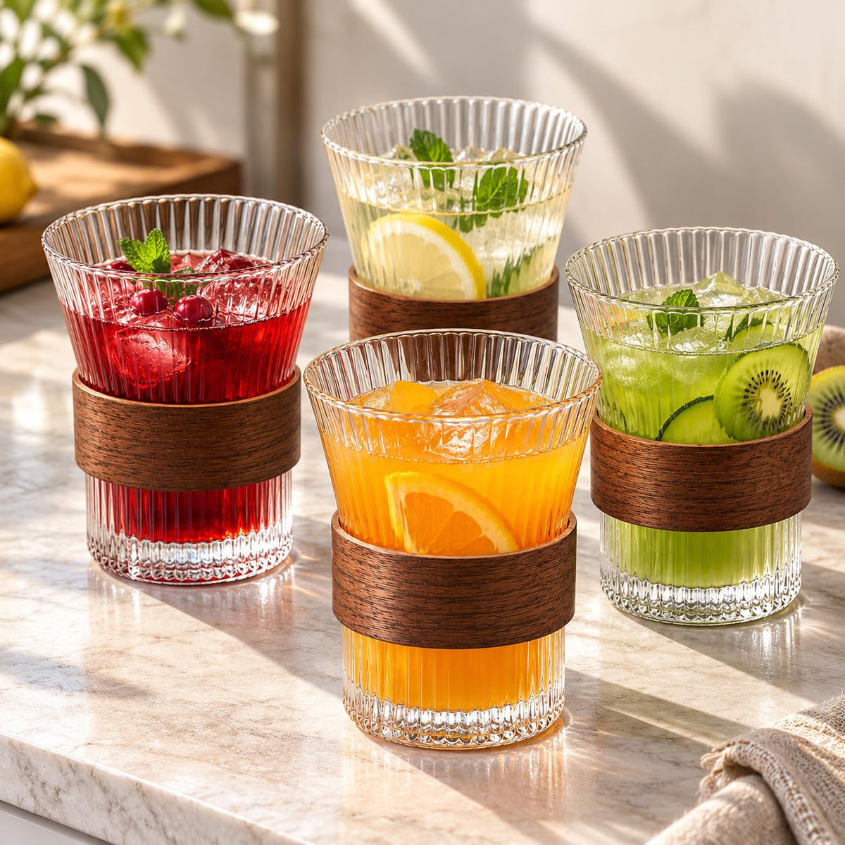 Water and Drinks Carafe 1500ml with 4 Glasses 350ml , Ribbed Drinking Set