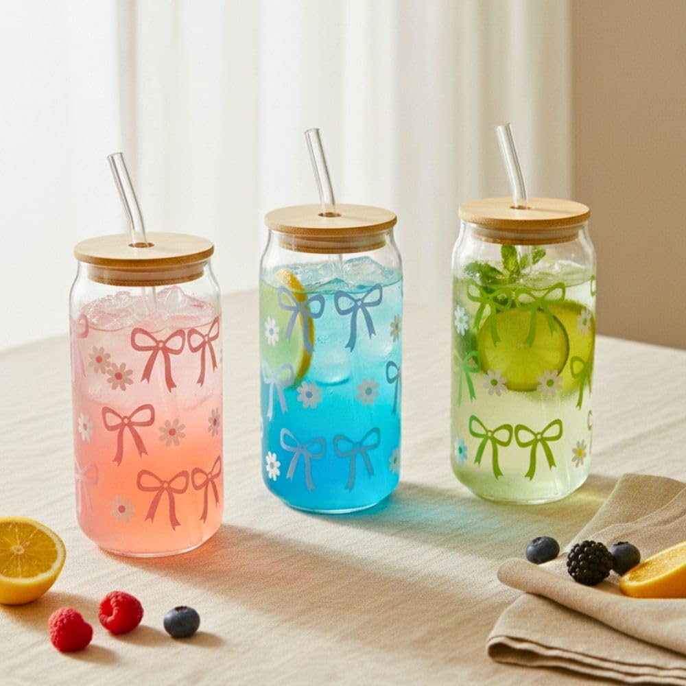 450ML Sipper Glass with Bow Print Set of 4, Mason Jar with Bamboo Lids & Glass Straws