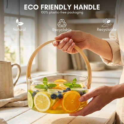Multipurpose Borosilicate Glass Bowl with Wooden Handle, 2500ML Heat Resistant Fruit & Vegetable Basket, Kitchen Storage Bowl, Dining Table Decor & Ice Bucket