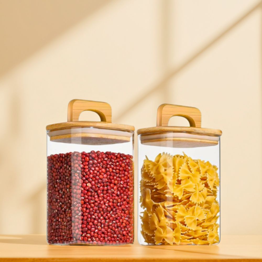 Square Glass Storage Jars with Acacia Wood Lids – Set of 2 (1100ml) Airtight Food Storage Containers with Handles for Pantry, Pasta, Oats, Flour, Cookies, Coffee, Rice & More