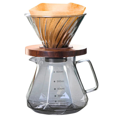 Smoky Grey Pour Over Coffee Maker, 600ML Borosilicate Glass Carafe with Walnut Handle and Glass Lid, Manual Drip for Home, Café, Restaurant and Camping